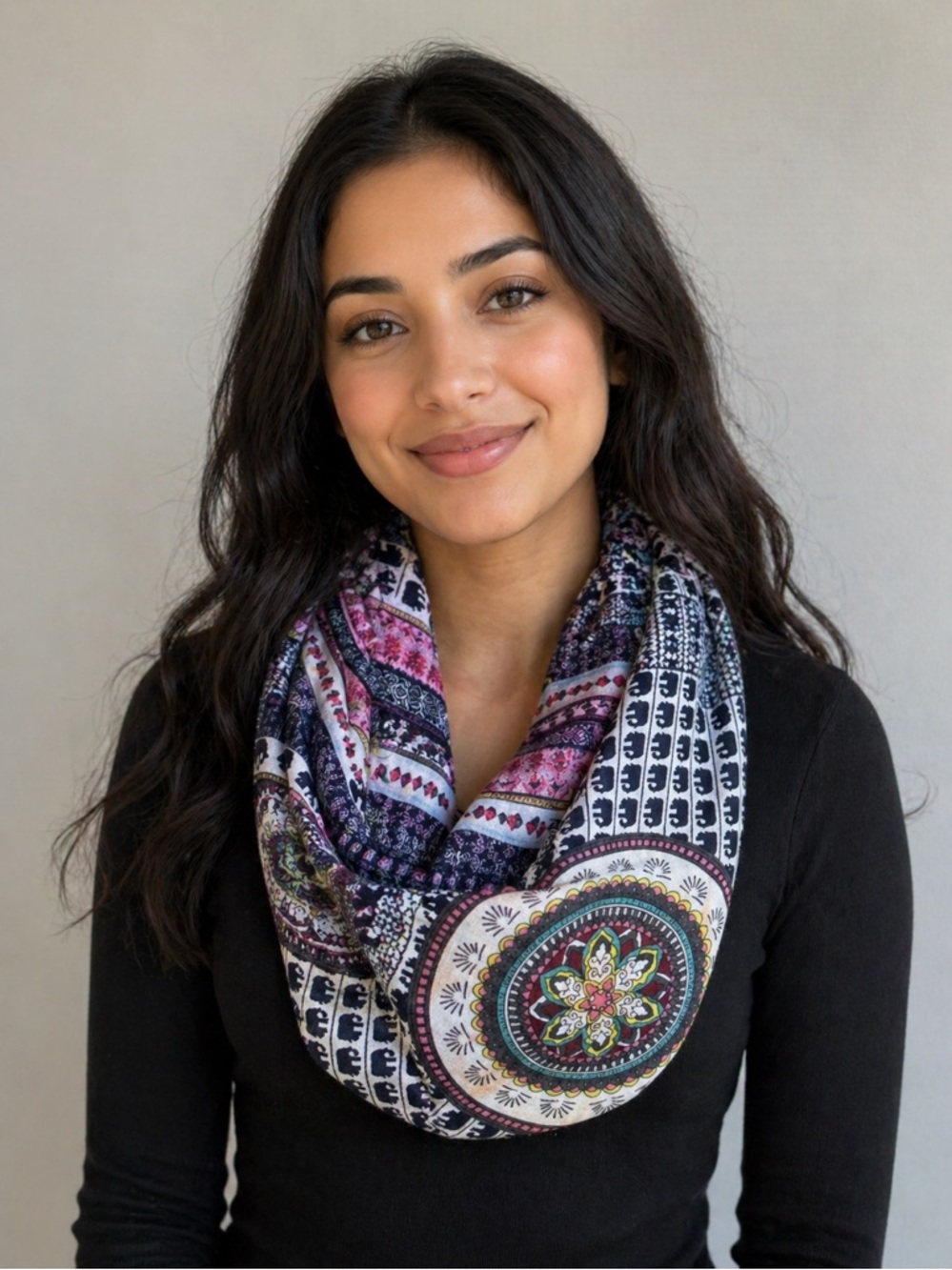 Boho Elephant Print Infinity Scarf | Lightweight | Fringe Detail | Festival Chic